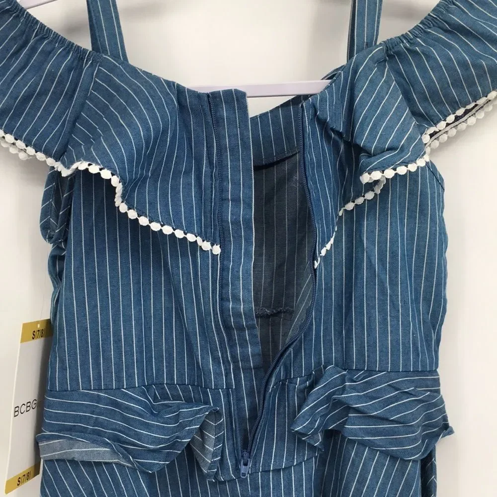 BCBGirls Striped Blue Ruffled Cold Shoulder Sundress S 7/8